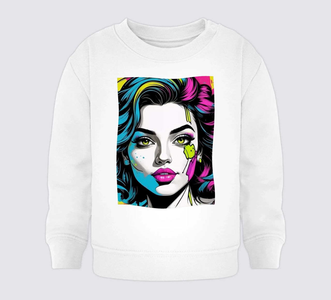 woman's portrait with bold colors and dynamic splashes baby sweatshirt by DesignDoodle