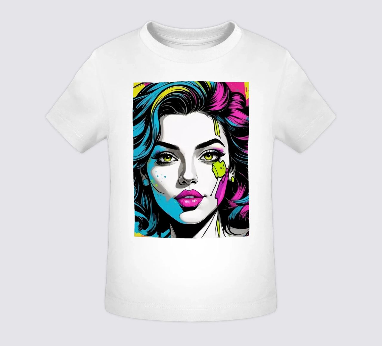 woman's portrait with bold colors and dynamic splashes baby t-shirt by DesignDoodle