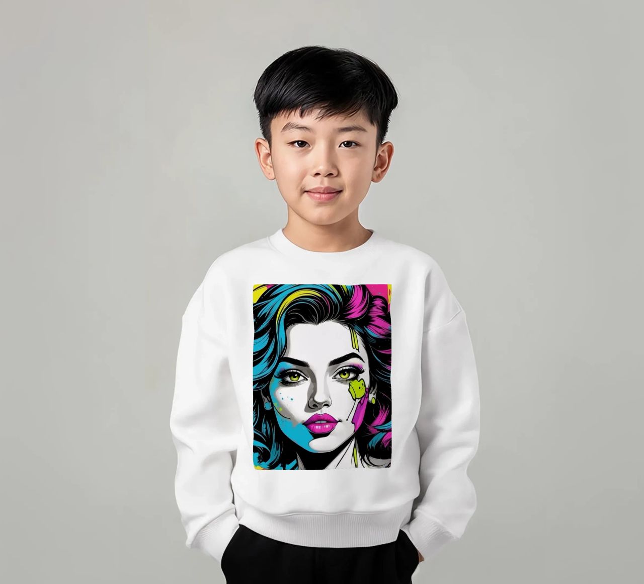 woman's portrait with bold colors and dynamic splashes kids sweatshirt by DesignDoodle