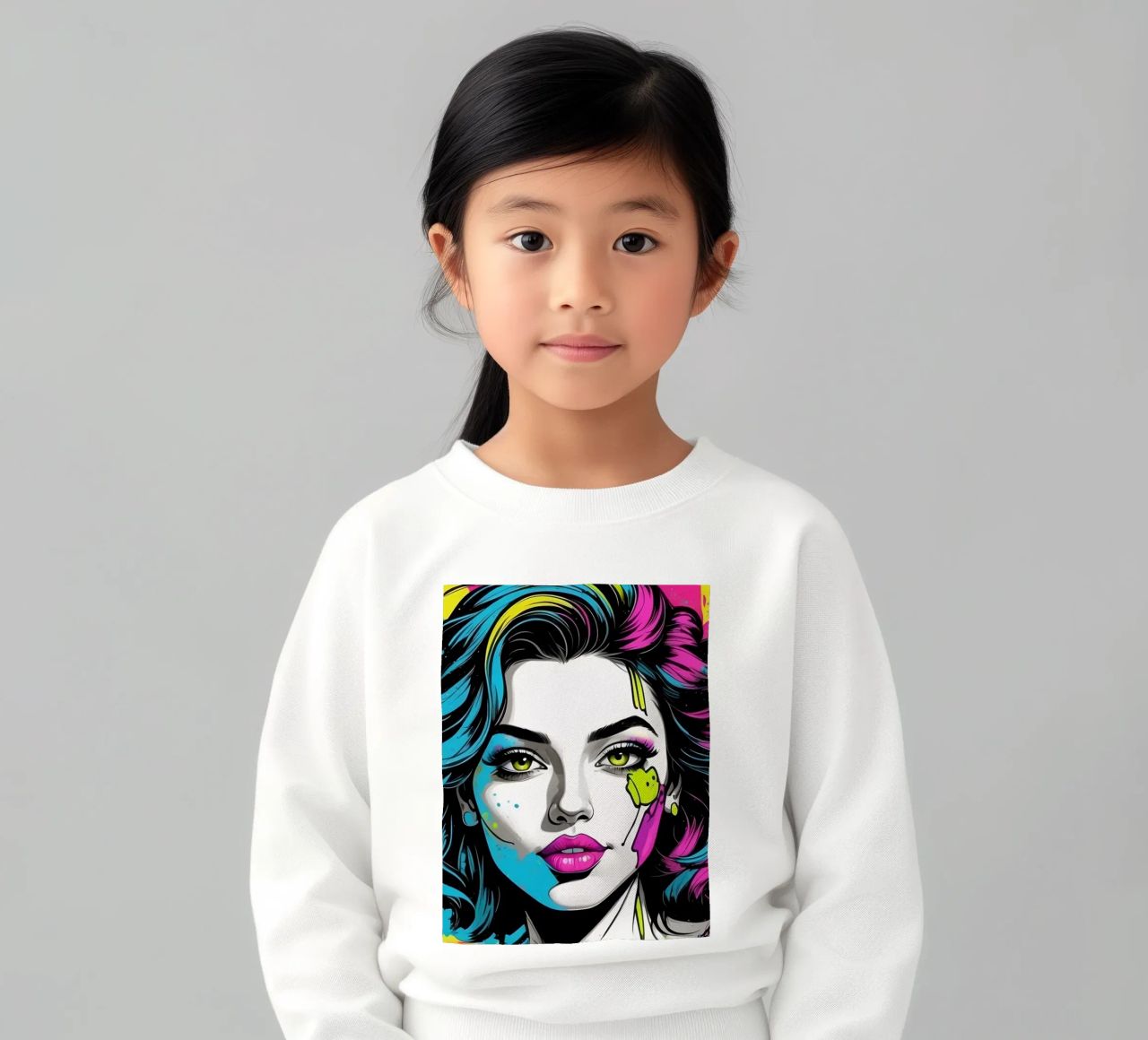 woman's portrait with bold colors and dynamic splashes kids sweatshirt by DesignDoodle