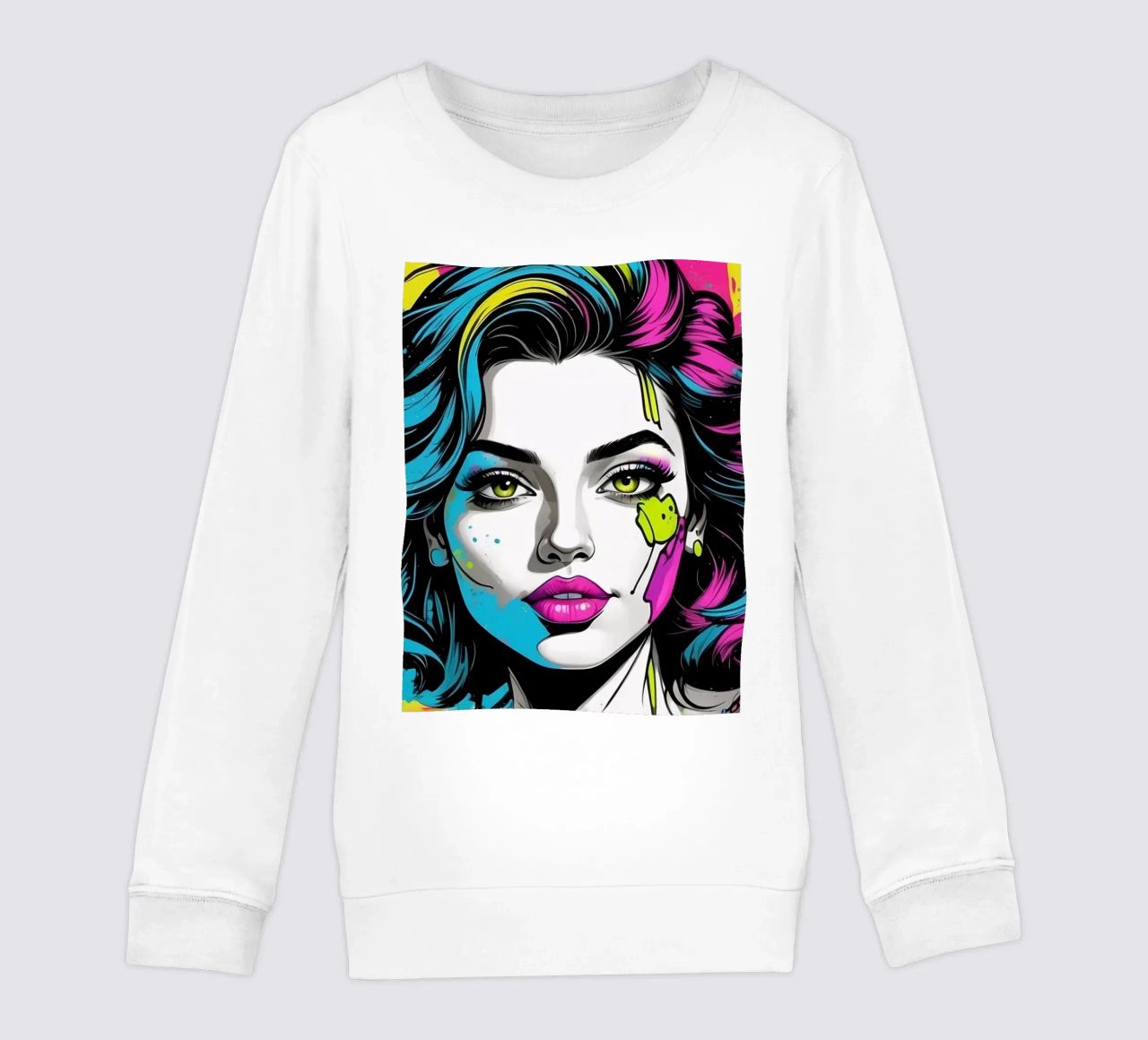 woman's portrait with bold colors and dynamic splashes kids sweatshirt by DesignDoodle