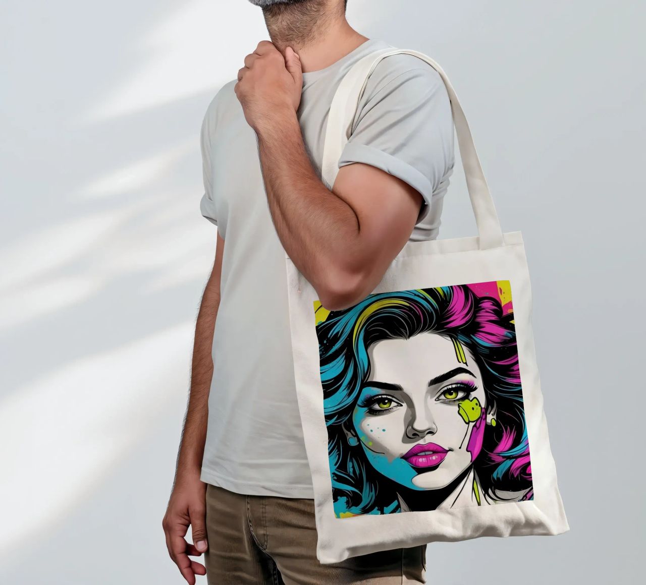 woman's portrait with bold colors and dynamic splashes tote bag by DesignDoodle