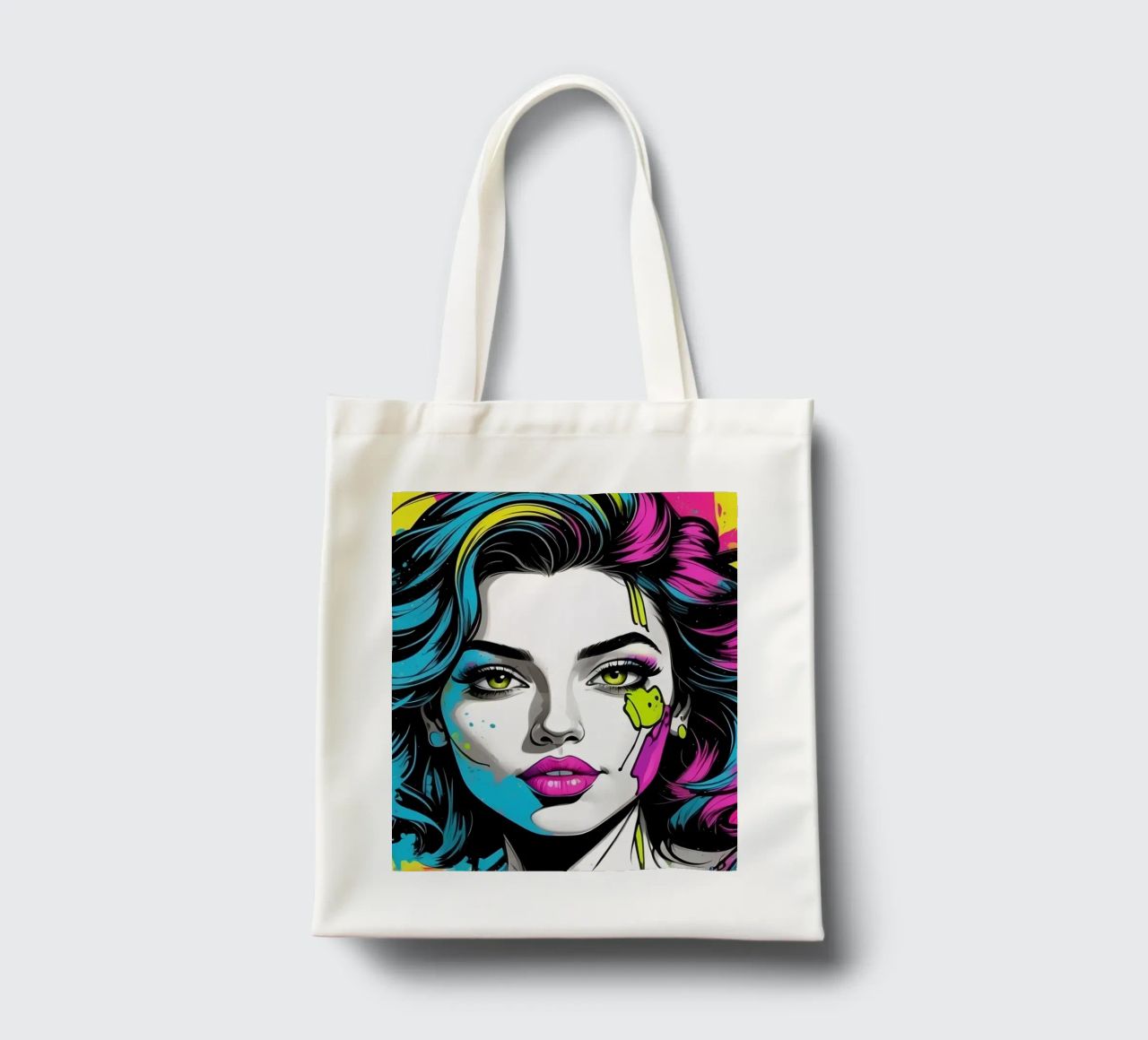 woman's portrait with bold colors and dynamic splashes tote bag by DesignDoodle