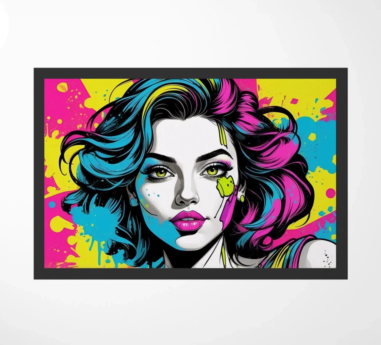 woman's portrait with bold colors and dynamic splashes doormat by DesignDoodle