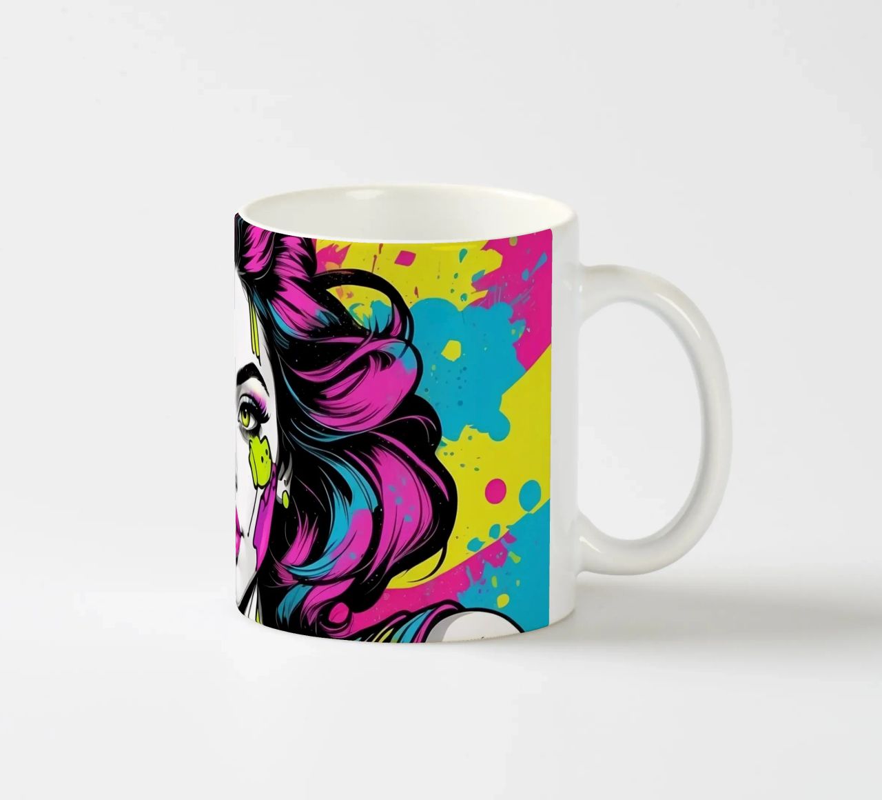 woman's portrait with bold colors and dynamic splashes ceramic mug by DesignDoodle