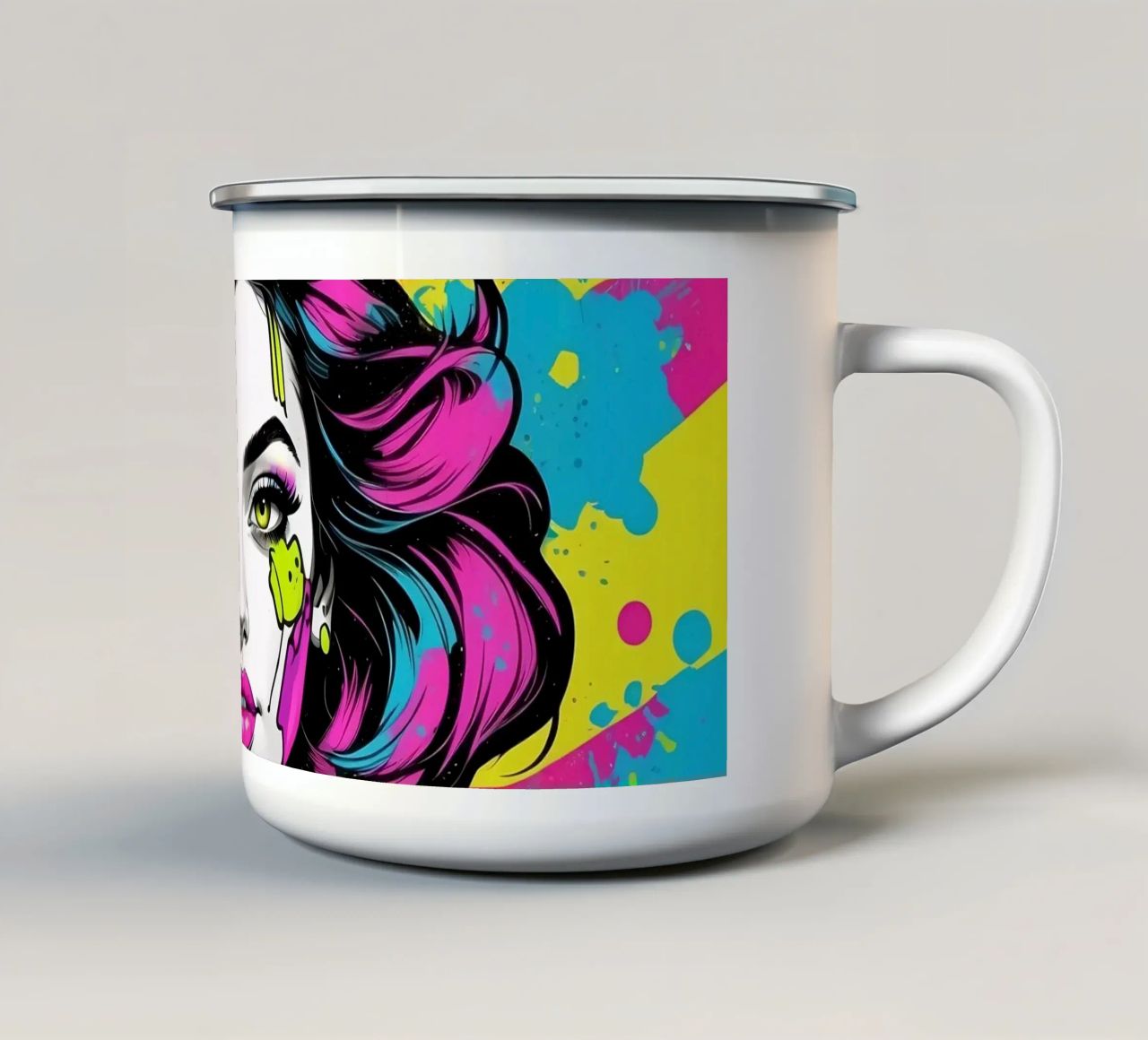 woman's portrait with bold colors and dynamic splashes enamel mug by DesignDoodle