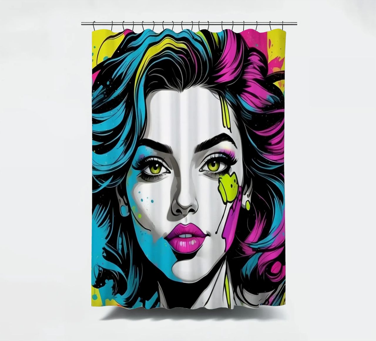 woman's portrait with bold colors and dynamic splashes shower curtain by DesignDoodle