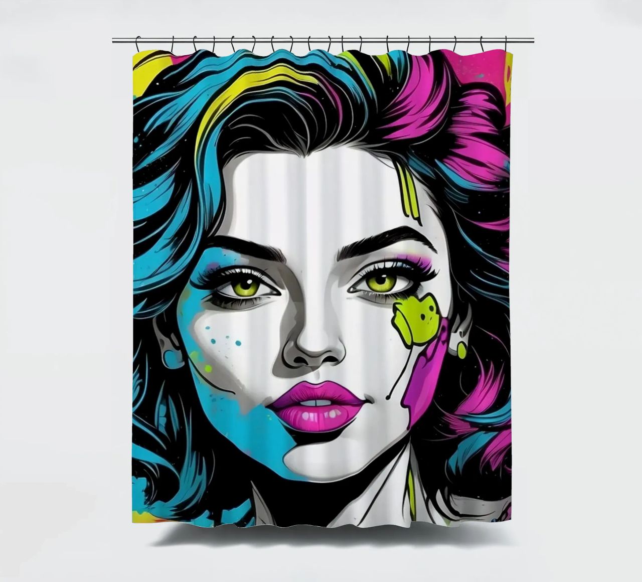woman's portrait with bold colors and dynamic splashes shower curtain by DesignDoodle