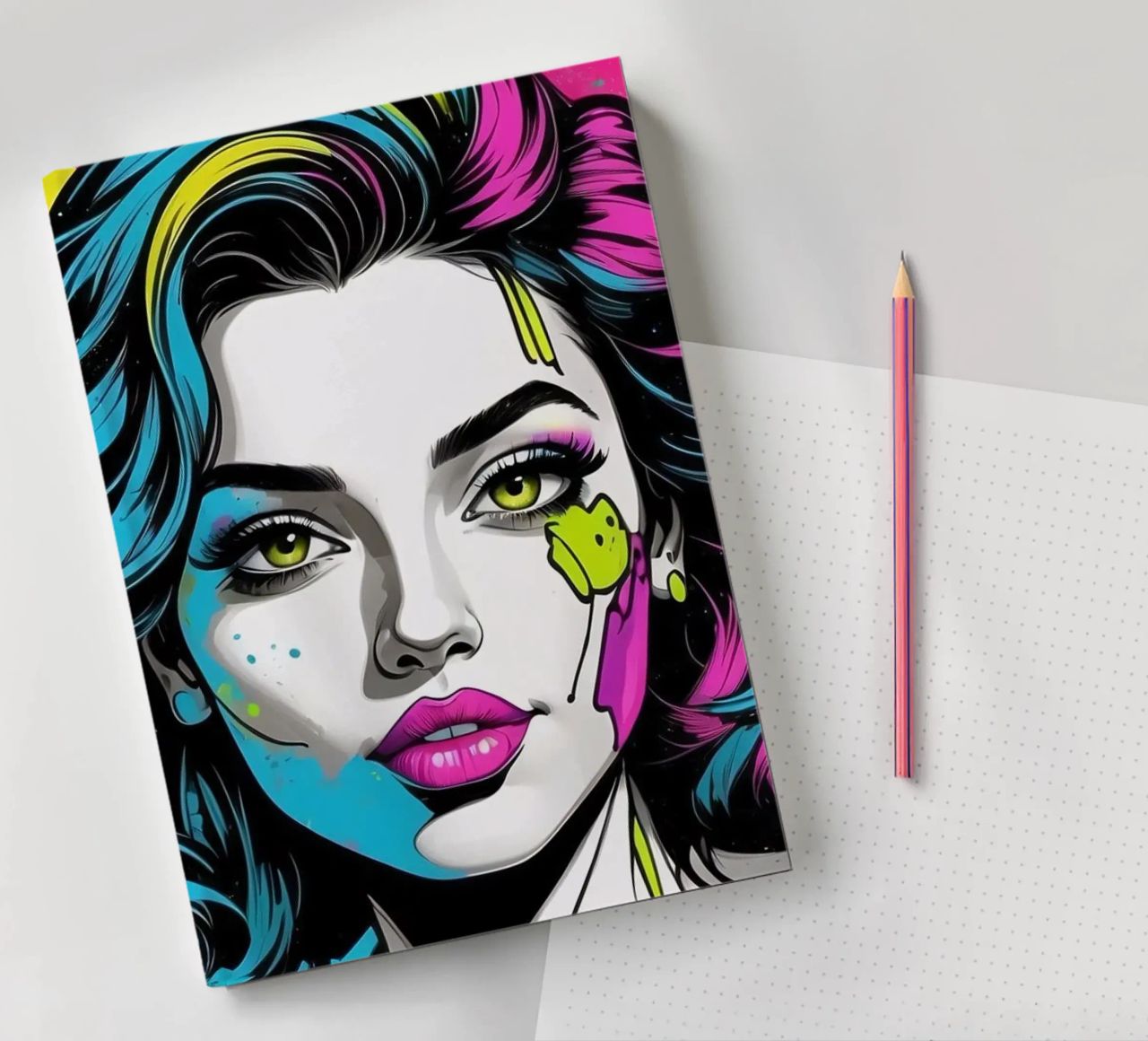 woman's portrait with bold colors and dynamic splashes notebook by DesignDoodle