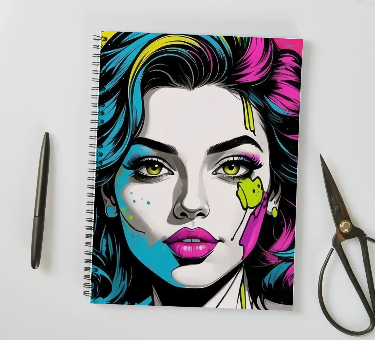 Vrouwenportret met felle kleuren en dynamische spatten notitieboek met spiraal van DesignDoodle