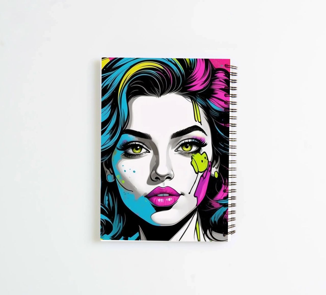 woman's portrait with bold colors and dynamic splashes spiral notebook by DesignDoodle