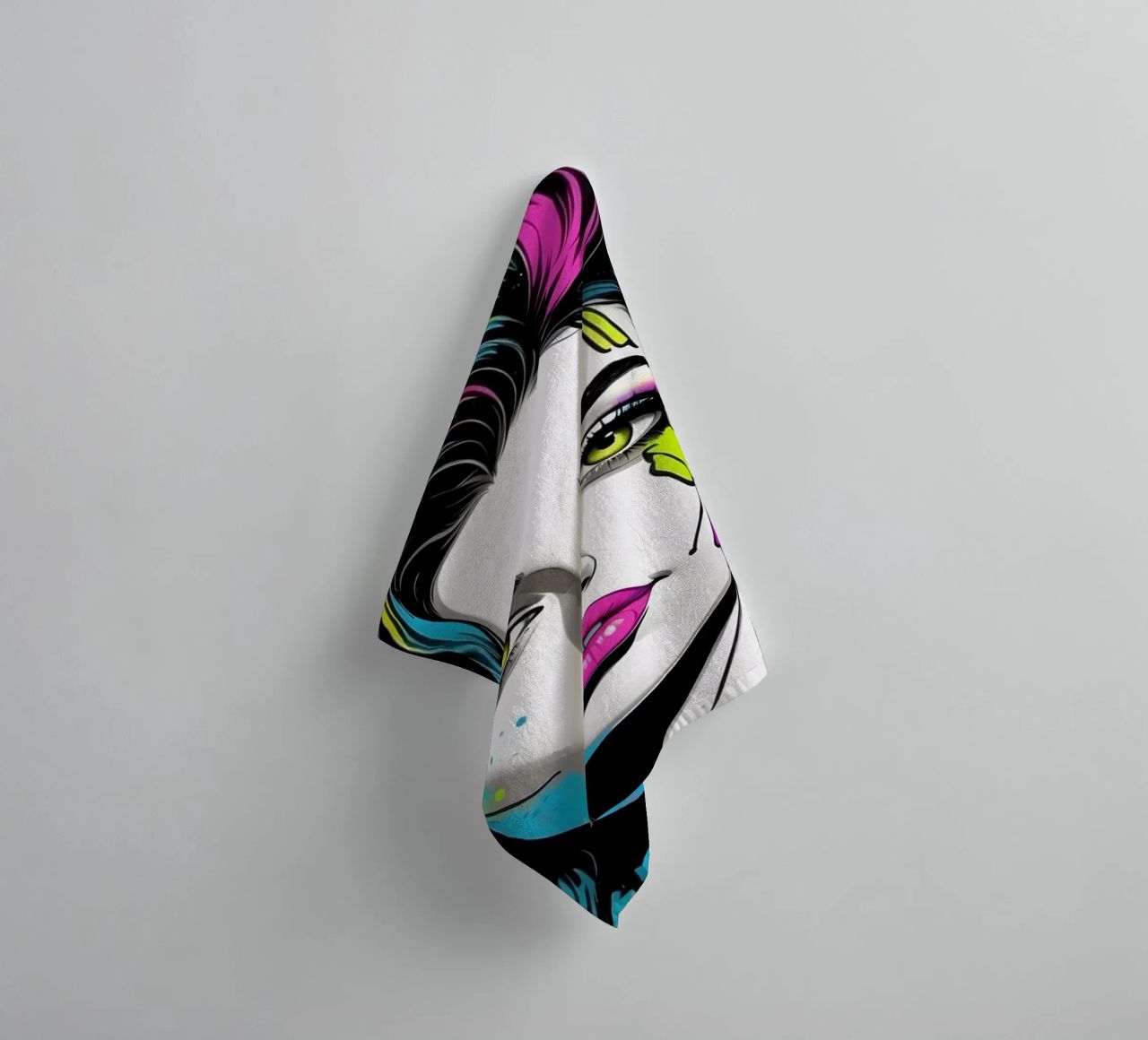 woman's portrait with bold colors and dynamic splashes towel by DesignDoodle