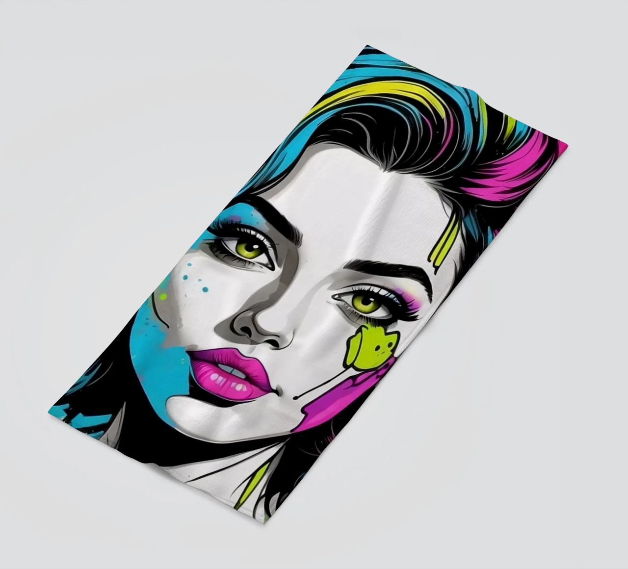 woman's portrait with bold colors and dynamic splashes beach towel by DesignDoodle