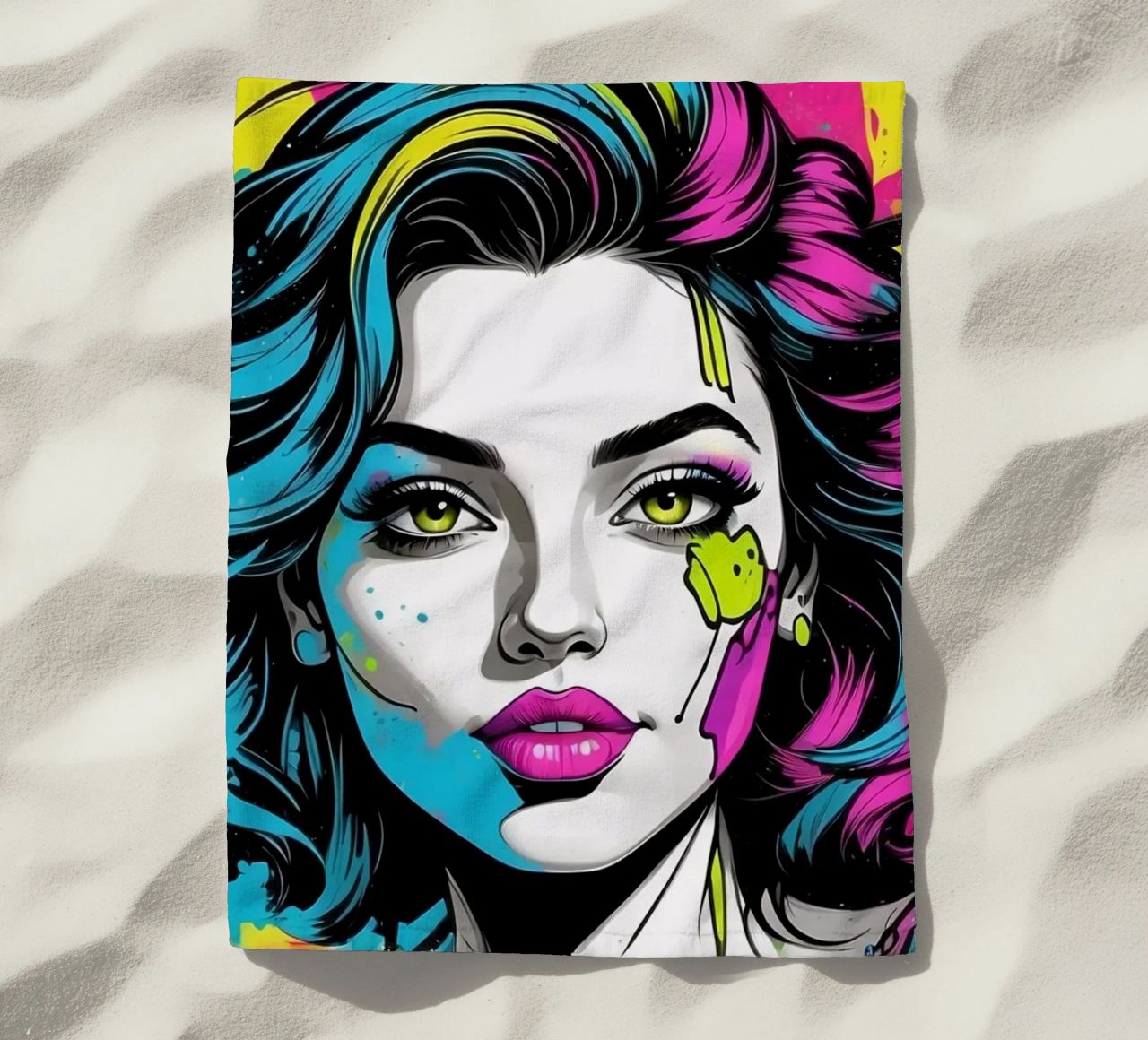 woman's portrait with bold colors and dynamic splashes beach towel by DesignDoodle