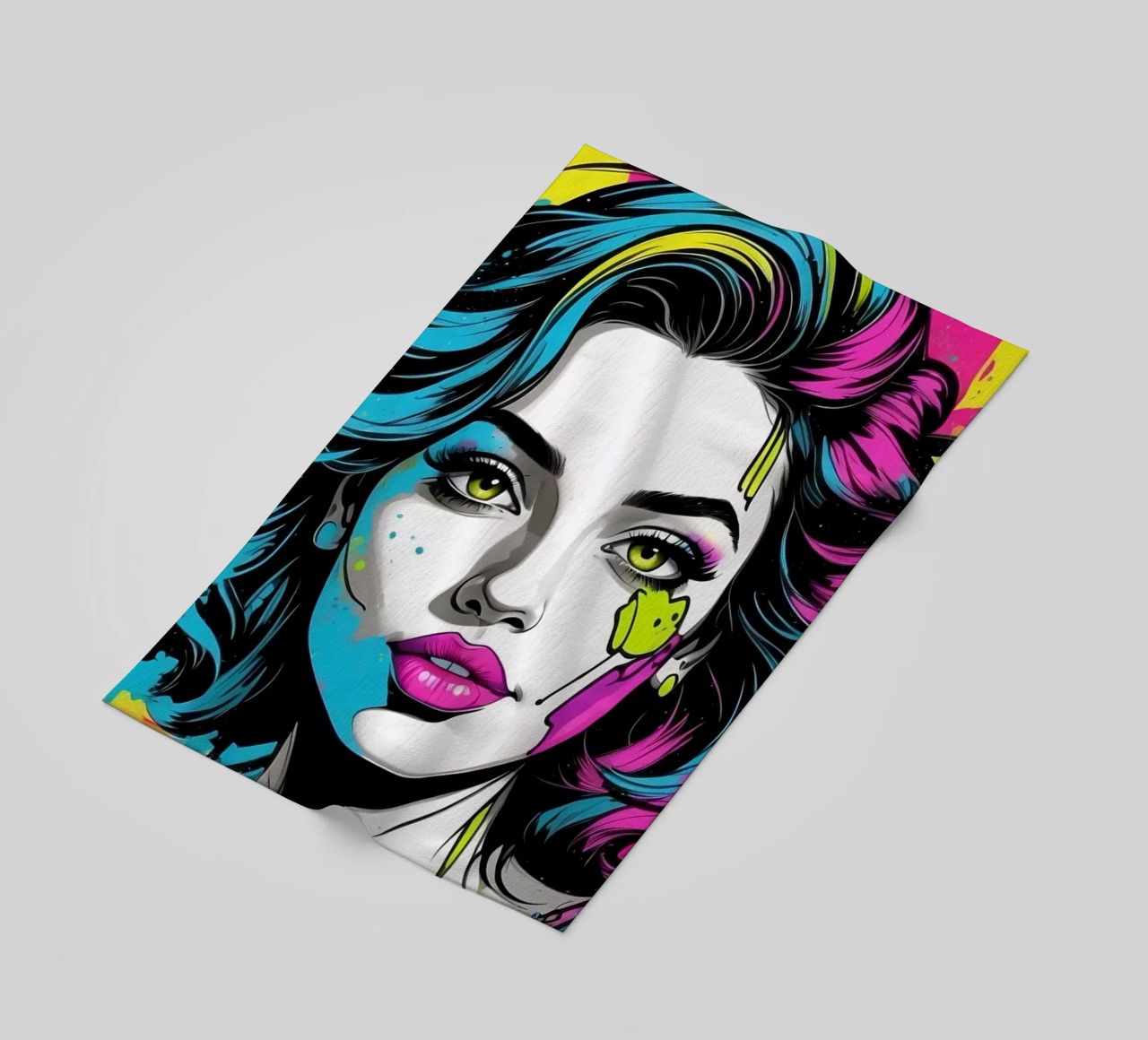 woman's portrait with bold colors and dynamic splashes beach towel by DesignDoodle