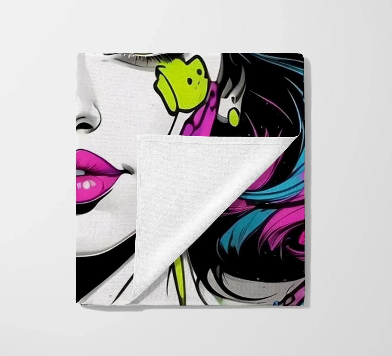 woman's portrait with bold colors and dynamic splashes beach towel by DesignDoodle