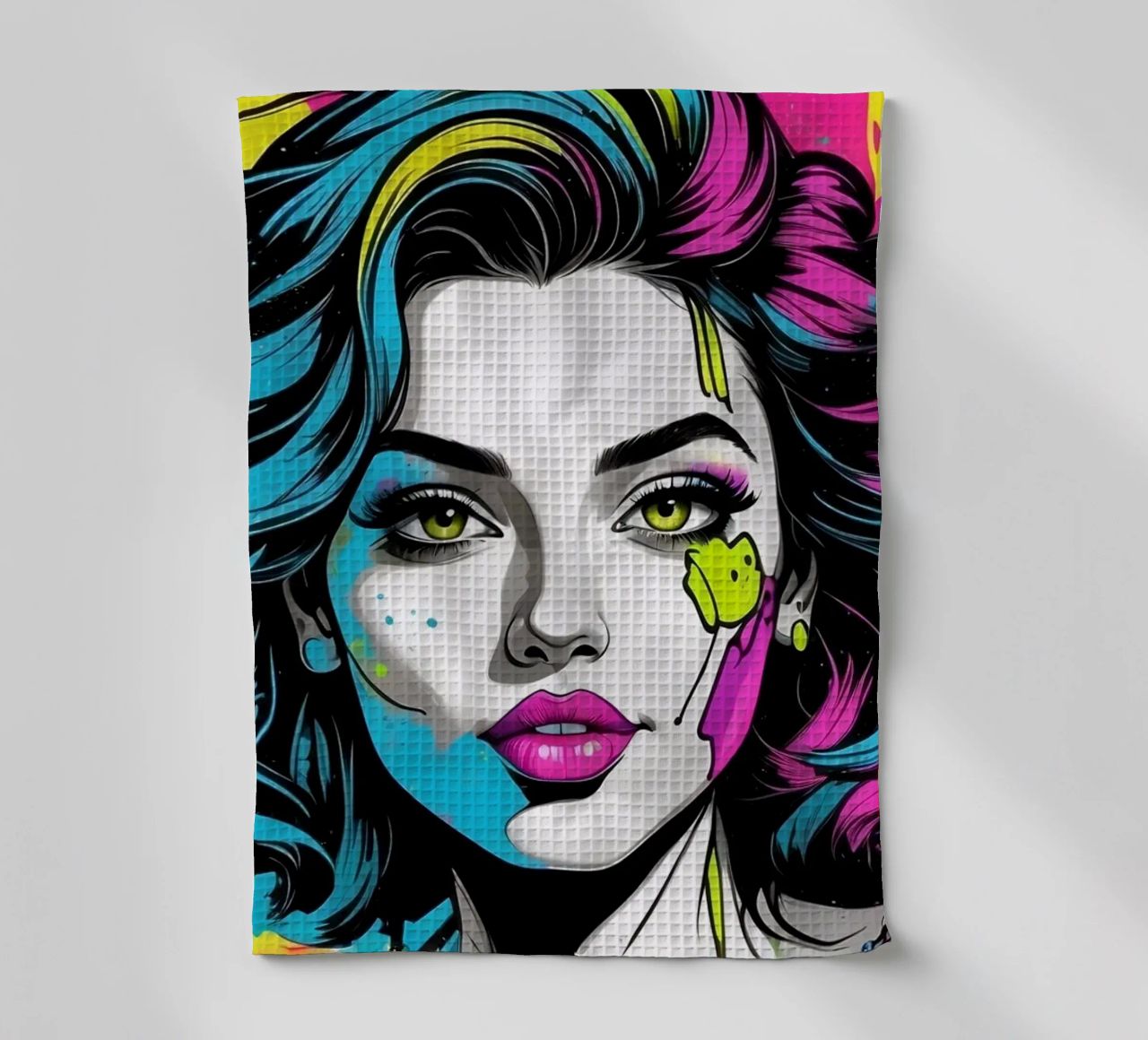 woman's portrait with bold colors and dynamic splashes tea towel by DesignDoodle