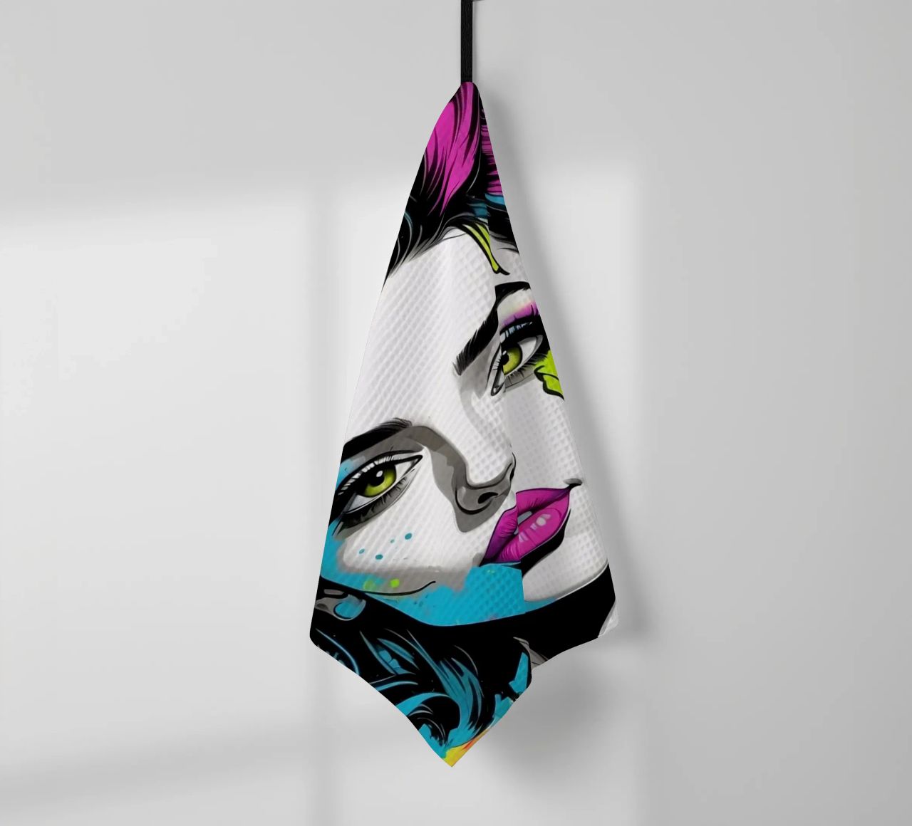 woman's portrait with bold colors and dynamic splashes tea towel by DesignDoodle