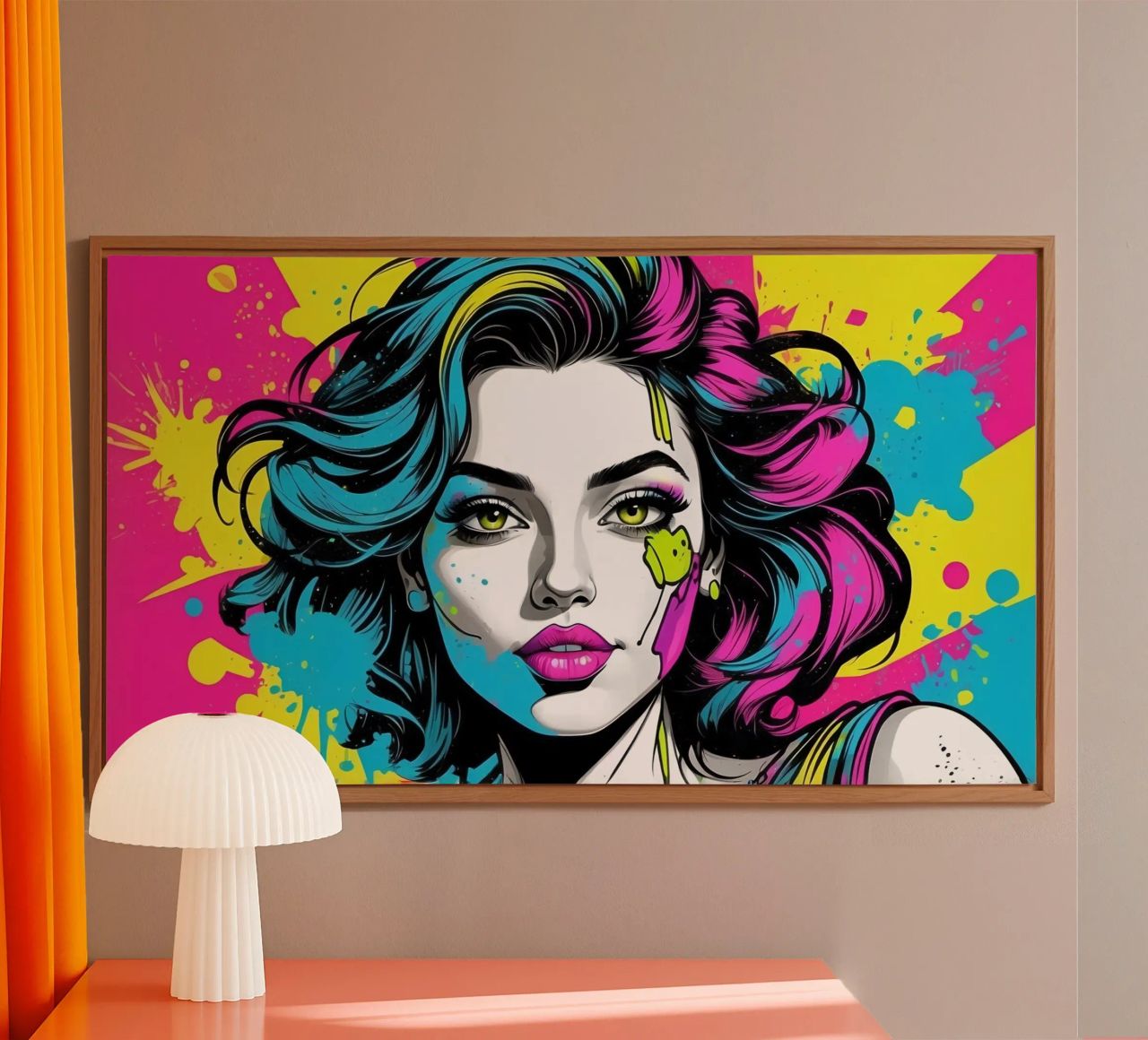 woman's portrait with bold colors and dynamic splashes alu-dibond by DesignDoodle