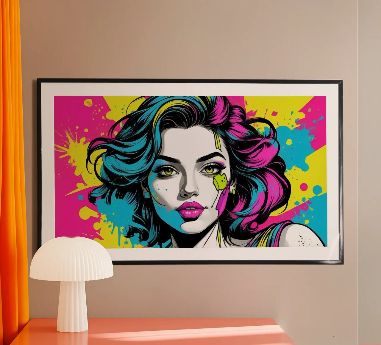 Vrouwenportret met felle kleuren en dynamische spatten hahnemühle van DesignDoodle