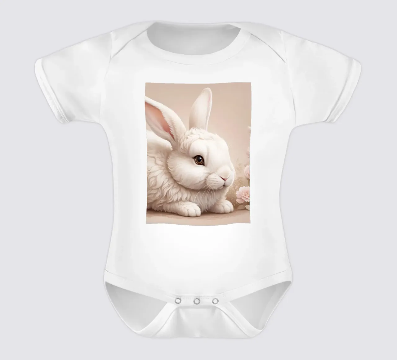 Lapin blanc pelucheux se reposant parmi des fleurs délicates soft art body bébé de DesignDoodle