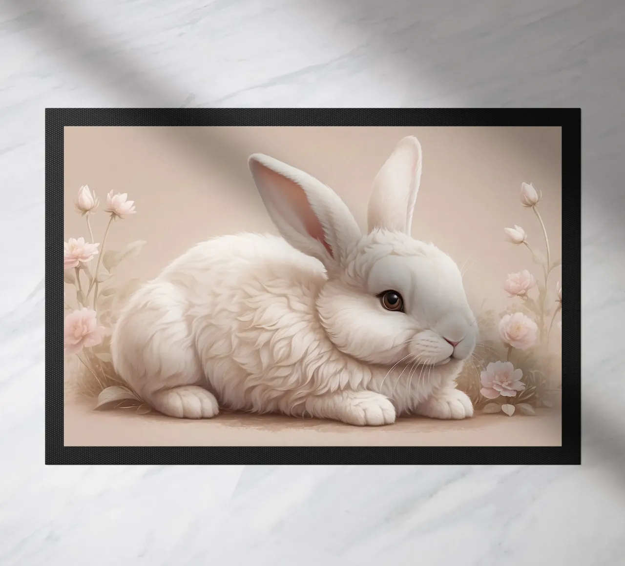 Lapin blanc pelucheux se reposant parmi des fleurs délicates soft art paillasson de DesignDoodle