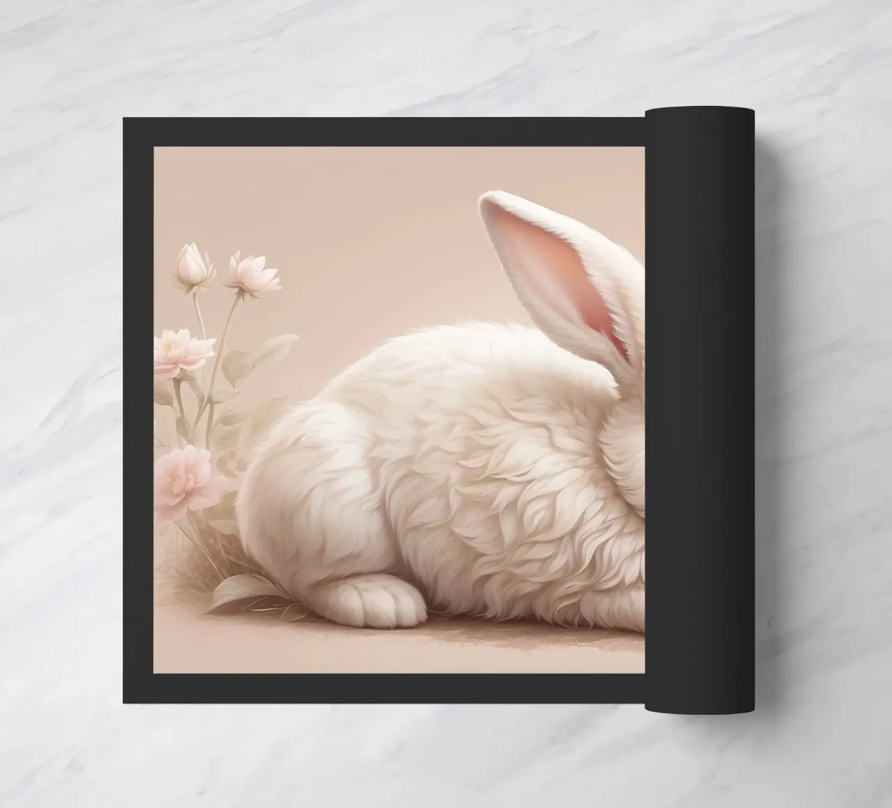 Lapin blanc pelucheux se reposant parmi des fleurs délicates soft art paillasson de DesignDoodle