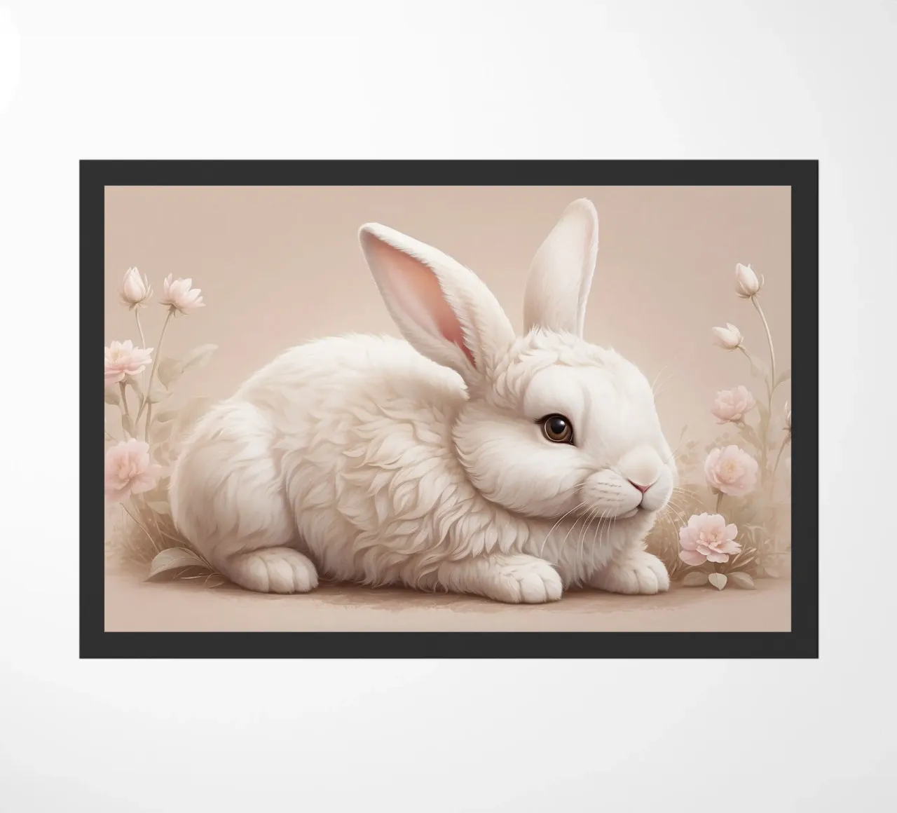 Lapin blanc pelucheux se reposant parmi des fleurs délicates soft art paillasson de DesignDoodle