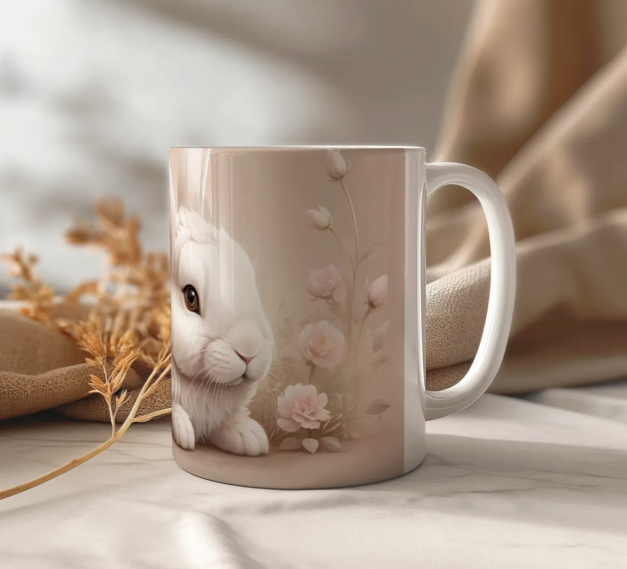 Lapin blanc pelucheux se reposant parmi des fleurs délicates soft art mug en céramique de DesignDoodle