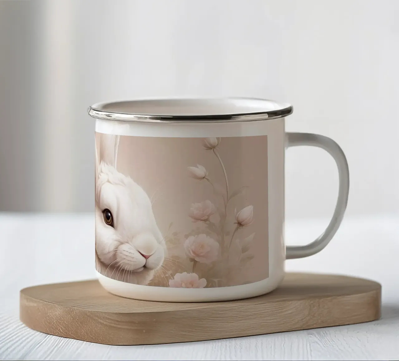 Morbido coniglio bianco che riposa tra delicati fiori soft art tazza in smalto da DesignDoodle