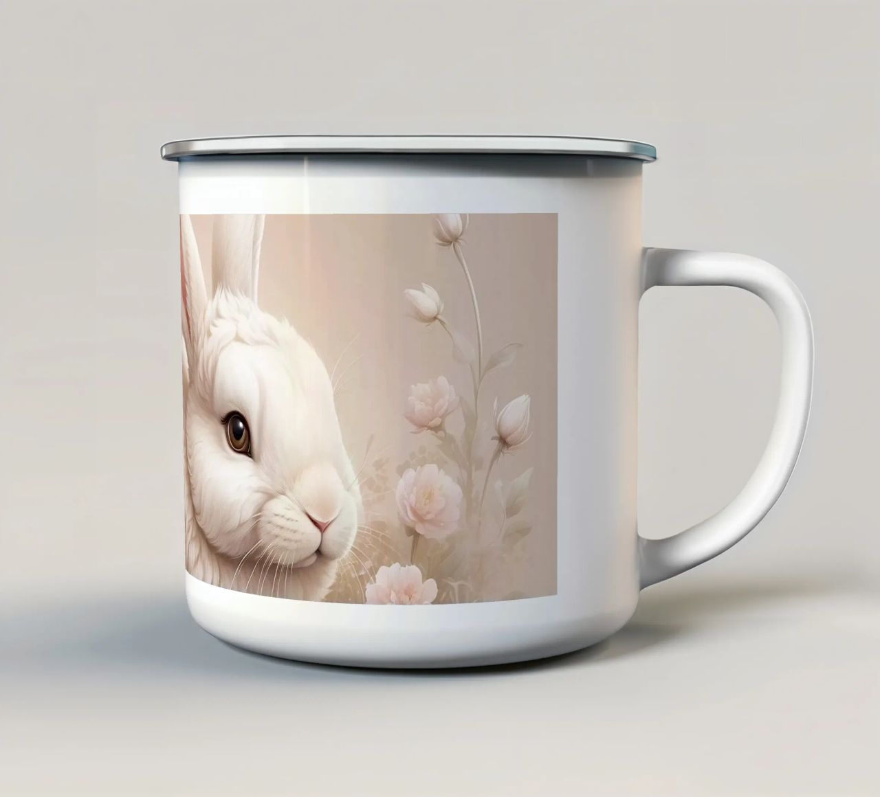 Morbido coniglio bianco che riposa tra delicati fiori soft art tazza in smalto da DesignDoodle