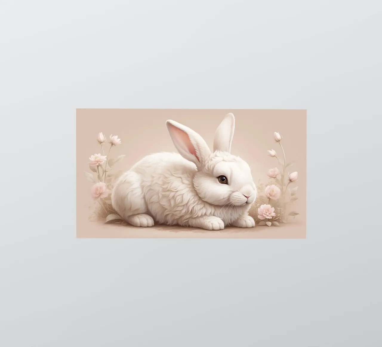 Lapin blanc pelucheux se reposant parmi des fleurs délicates soft art autocollant de DesignDoodle