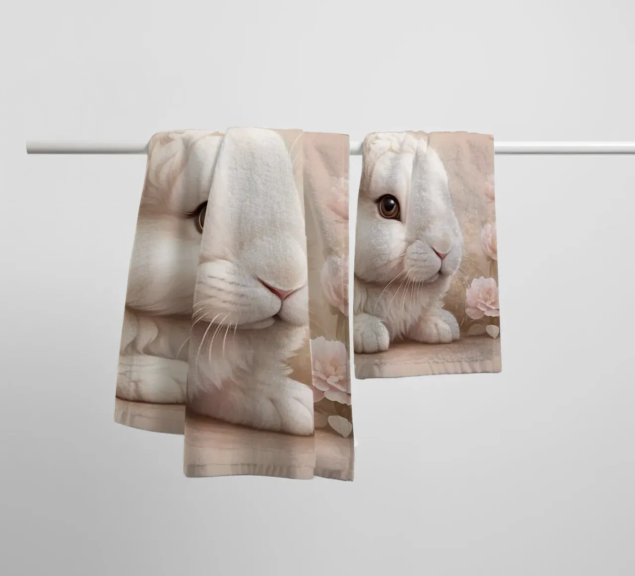 Lapin blanc pelucheux se reposant parmi des fleurs délicates soft art serviette de bain de DesignDoodle