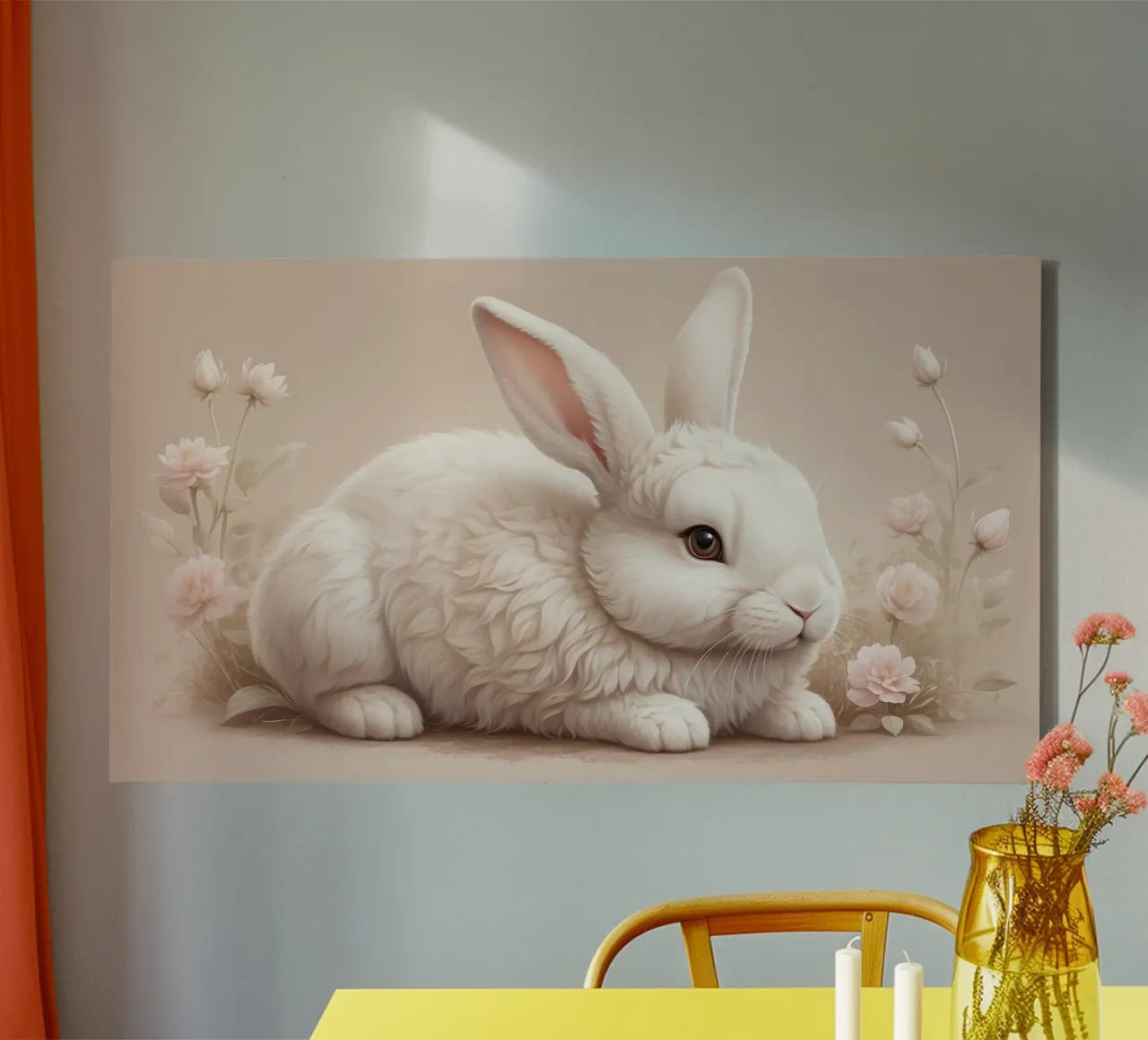 Pluizig wit konijn rustend tussen delicate bloemen zachte kunst canvas met Baklijst van DesignDoodle