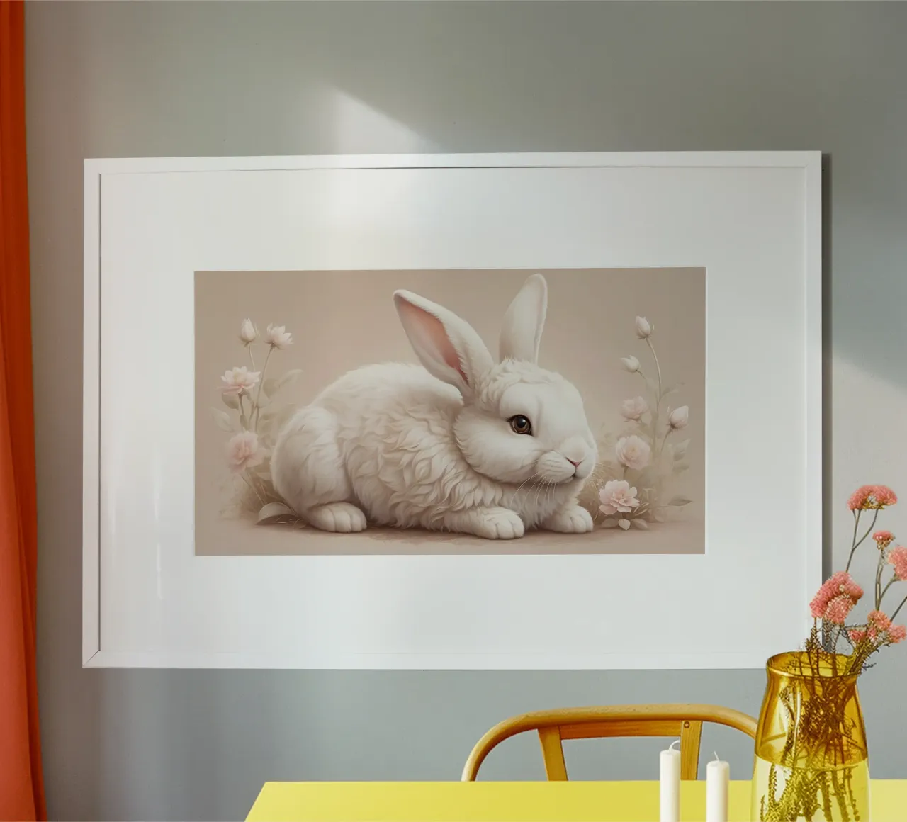 Lapin blanc pelucheux se reposant parmi des fleurs délicates soft art hahnemühle de DesignDoodle