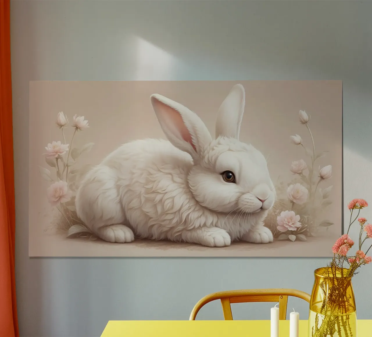 Lapin blanc pelucheux se reposant parmi des fleurs délicates soft art hahnemühle de DesignDoodle