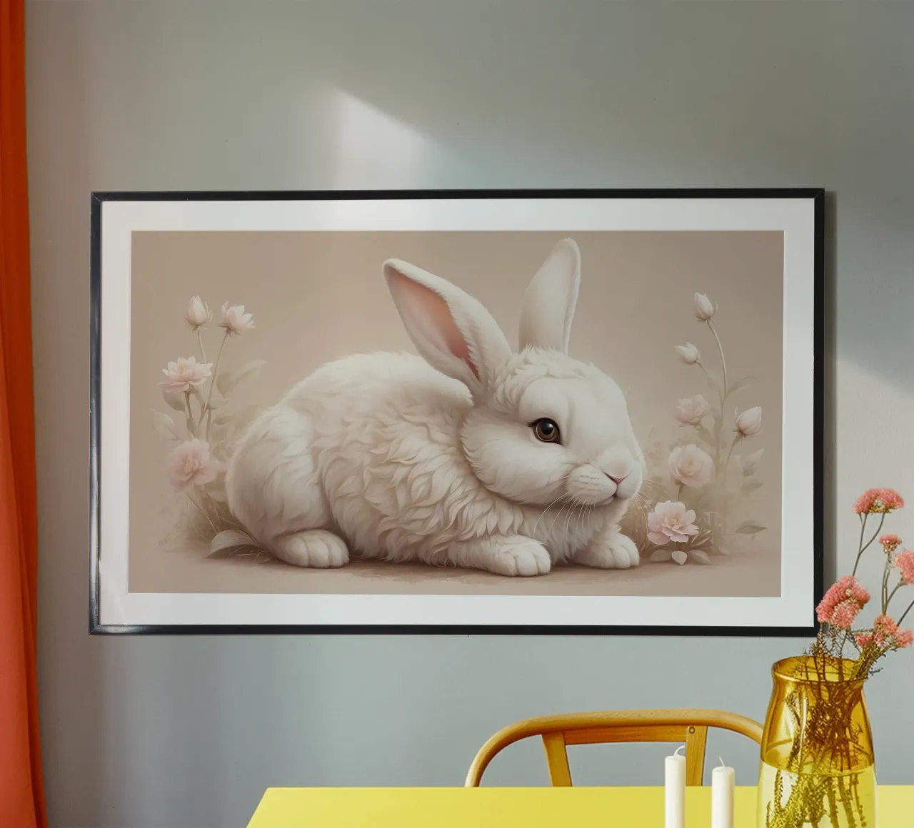 Lapin blanc pelucheux se reposant parmi des fleurs délicates soft art hahnemühle de DesignDoodle