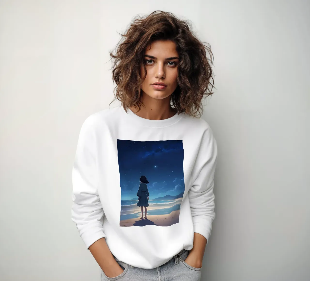 Une jeune fille regarde le ciel étoilé depuis une plage de sable. sweat de DesignDoodle