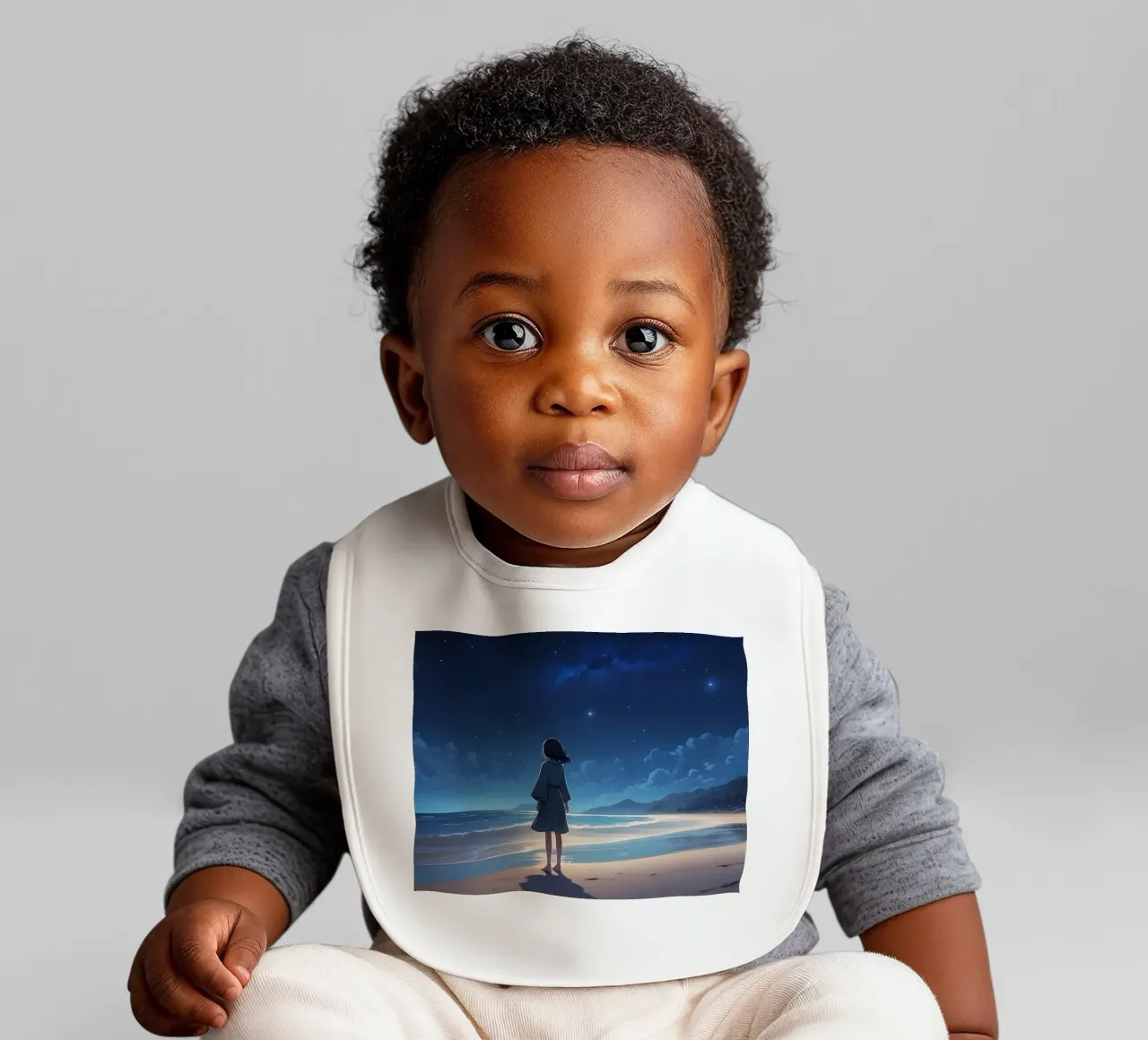 Young girl gazes at starry night sky from sandy beach baby bib by DesignDoodle
