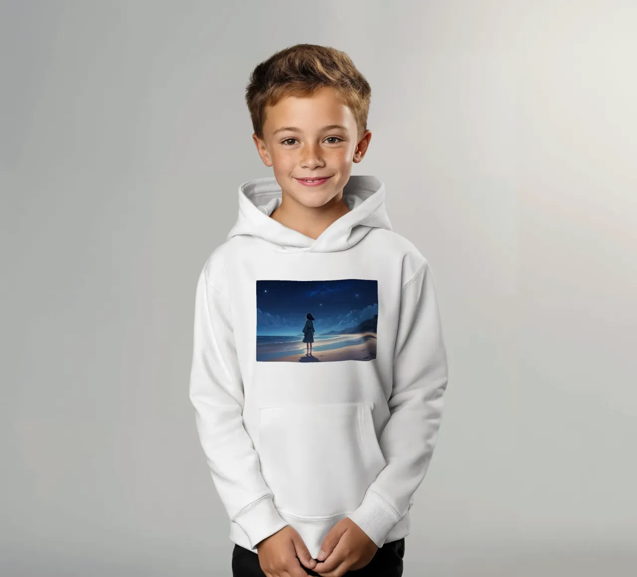 Junges Mädchen betrachtet den nächtlichen Sternenhimmel vom Sandstrand aus Kinder Hoodie von DesignDoodle