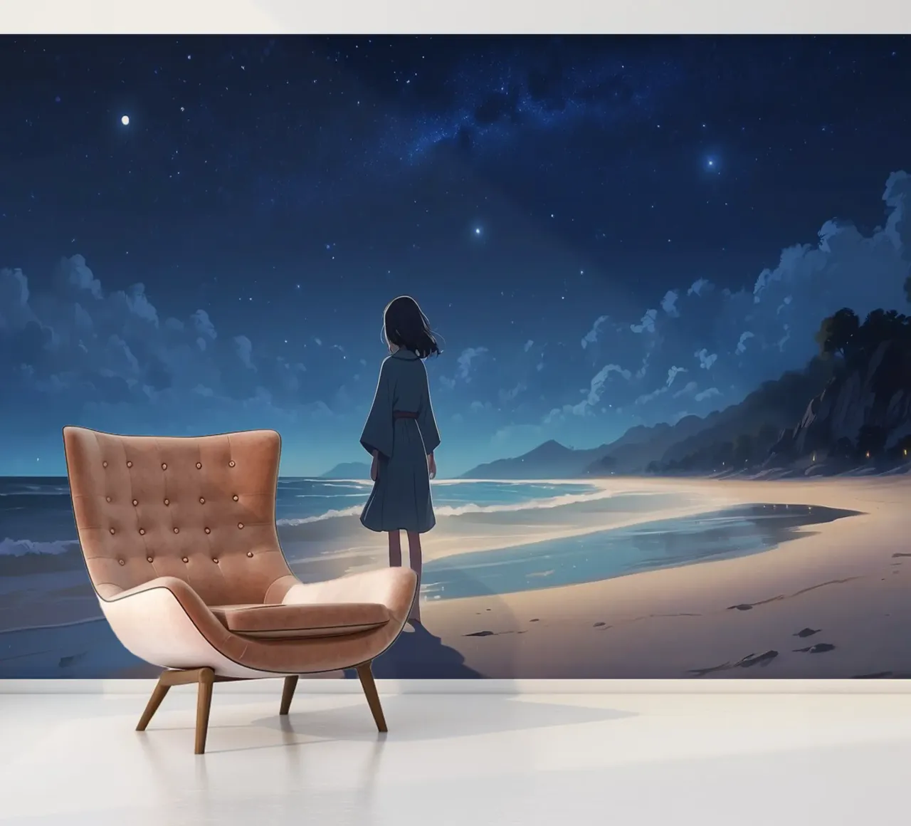 Young girl gazes at starry night sky from sandy beach photo wallpaper by DesignDoodle