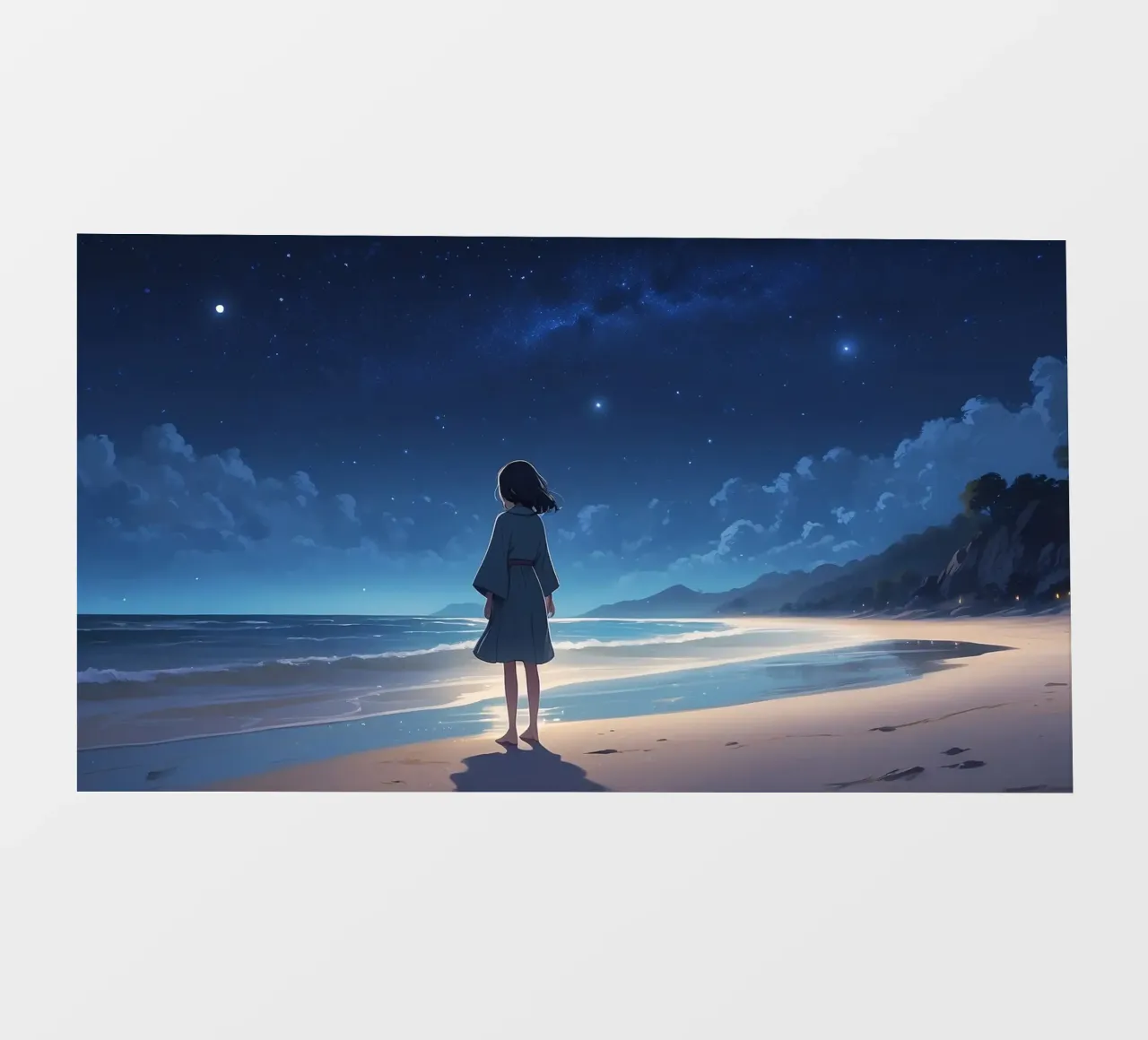 Young girl gazes at starry night sky from sandy beach photo wallpaper by DesignDoodle