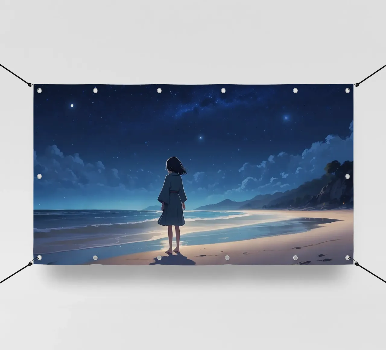 Young girl gazes at starry night sky from sandy beach pvc cover by DesignDoodle