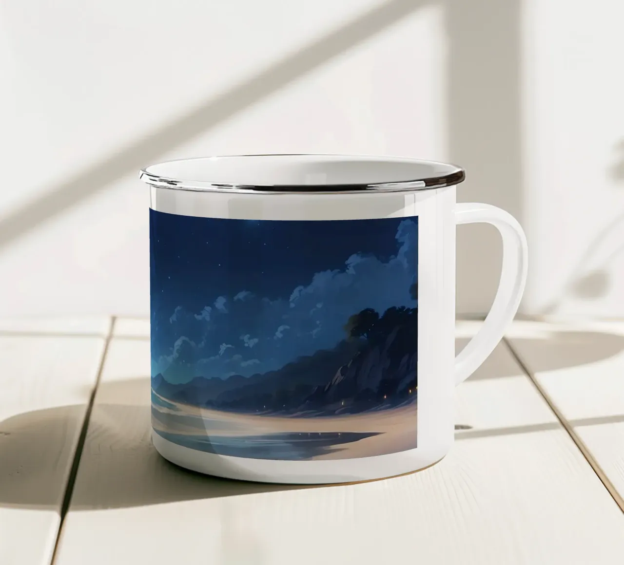 Une jeune fille regarde le ciel étoilé depuis une plage de sable. mug en émail de DesignDoodle
