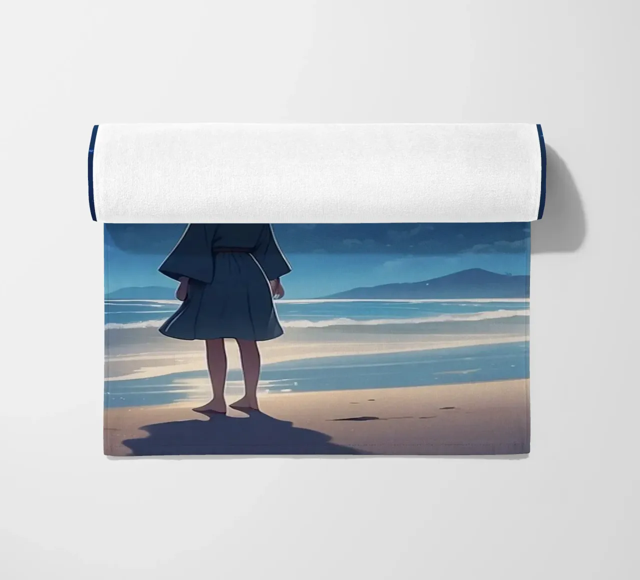 Young girl gazes at starry night sky from sandy beach beach towel by DesignDoodle