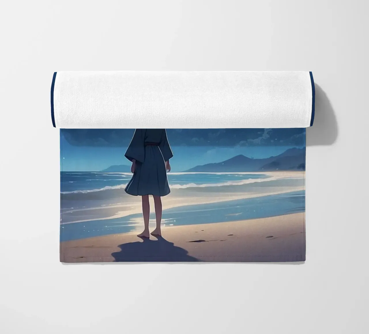 Young girl gazes at starry night sky from sandy beach beach towel by DesignDoodle