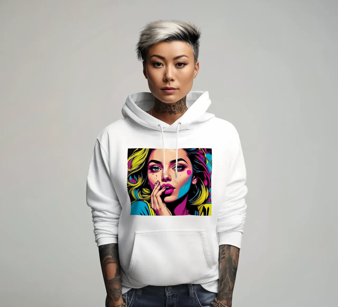 donna che sfoggia un vivace stile pop art con colori di grande effetto felpa con cappuccio da DesignDoodle