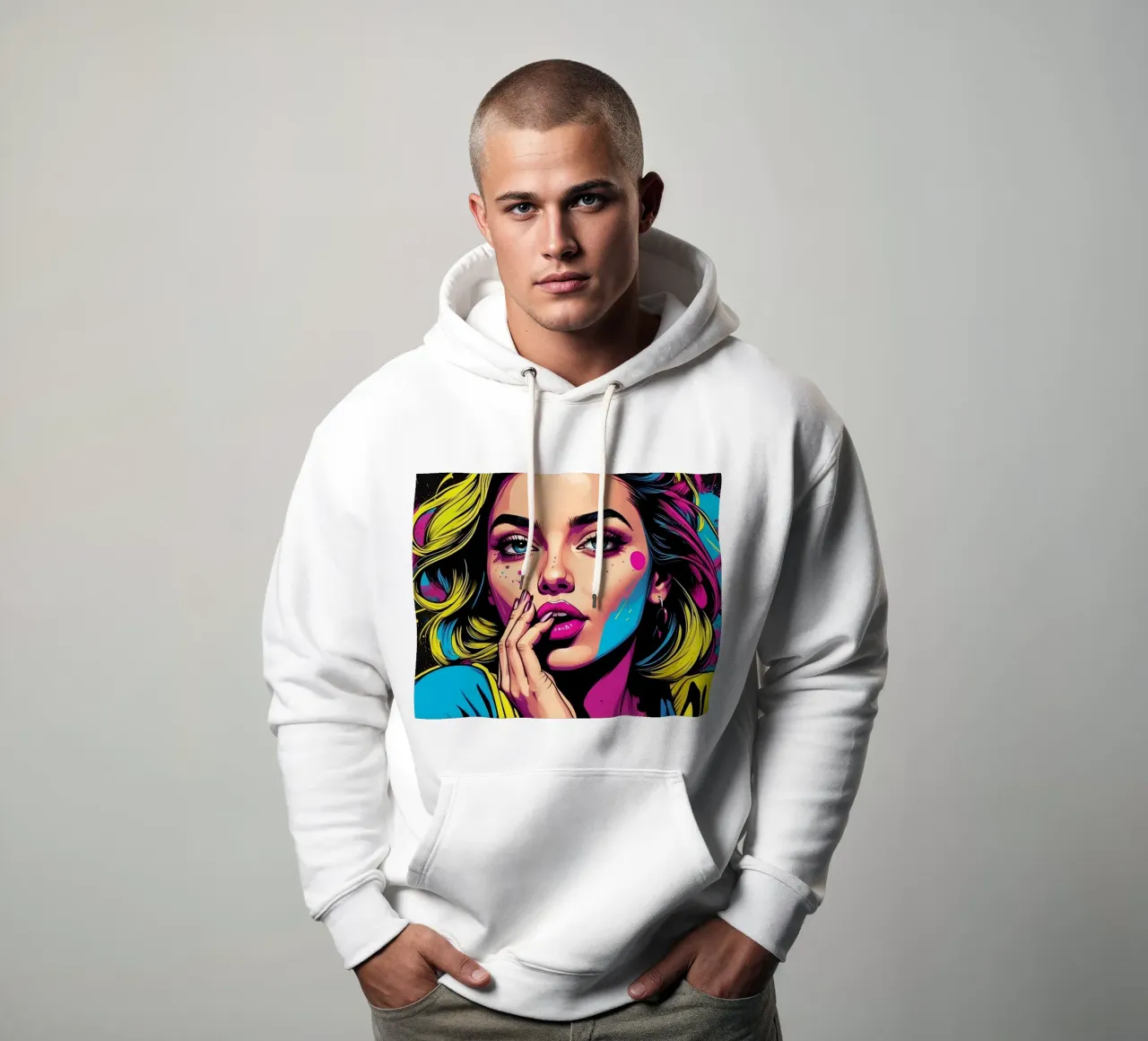 donna che sfoggia un vivace stile pop art con colori di grande effetto felpa con cappuccio da DesignDoodle