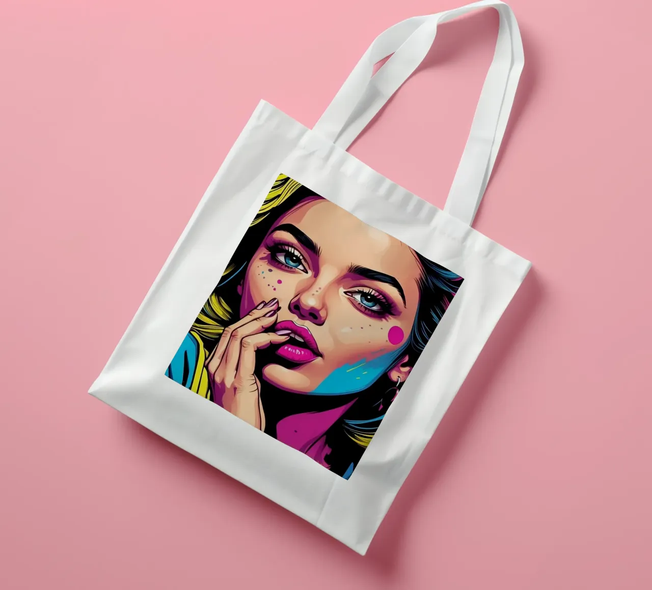 donna che sfoggia un vivace stile pop art con colori di grande effetto borsa in juta da DesignDoodle