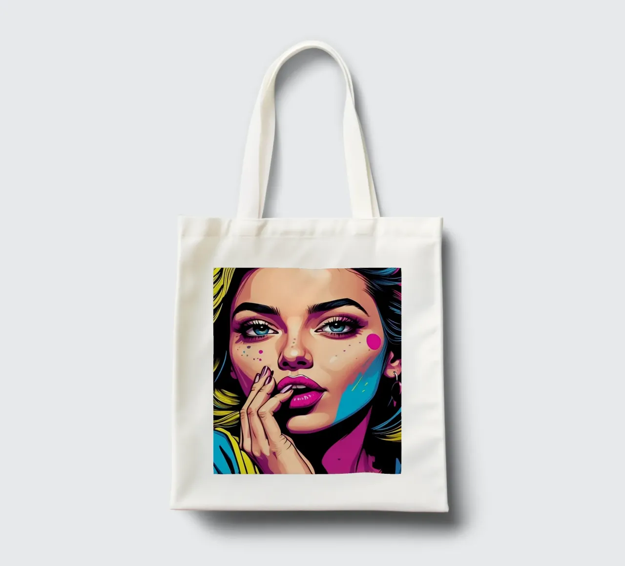 donna che sfoggia un vivace stile pop art con colori di grande effetto borsa in juta da DesignDoodle